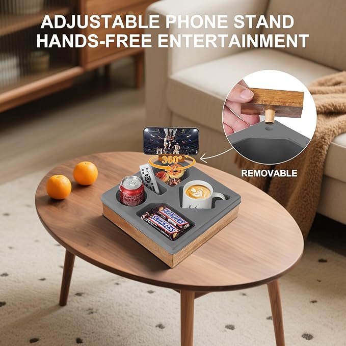 Couch Cup Holder Tray – Wooden Sofa Arm Organizer with Silicone Insert, Spill-Proof Snack & Drink Holder, Waterproof Couch Caddy for Remote, Phone & More – Bed, Car, RV, Living Room Essentials（Gray）-NeatNest