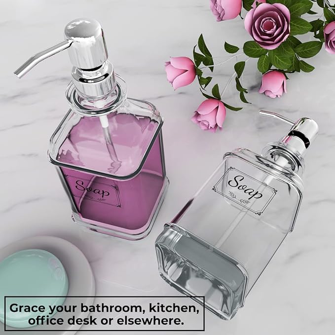 GLADPURE Soap Dispenser - 2 Pack, 18 Oz Antique Design Thick Glass Hand Soap Dispensers; with 304 Rust Proof Stainless Steel Pump, 6Pcs Clear Stickers, for Kitchen, Bathroom - Silver-NeatNest