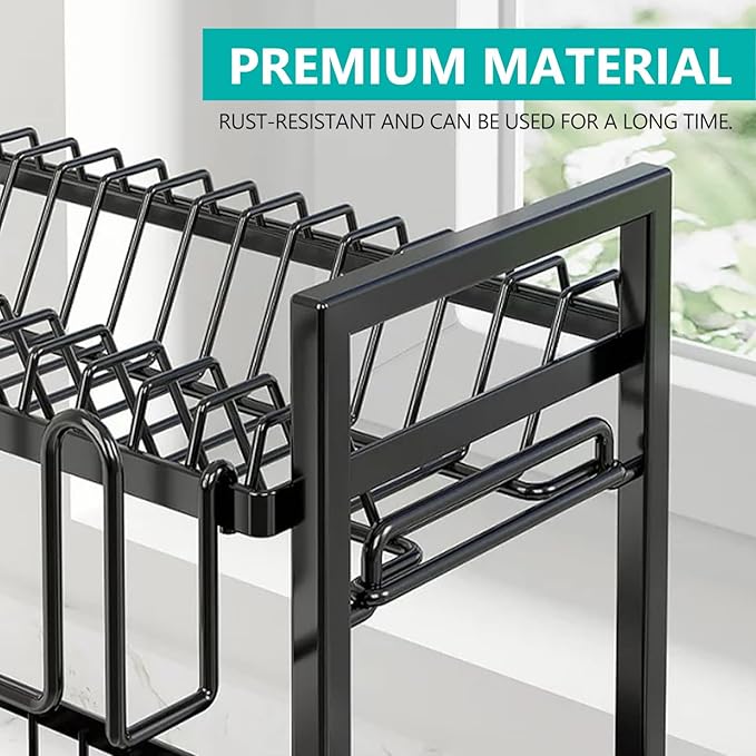 2-Tier Dish Drying Rack Dish Drainer Dish/Cup/Cutting Board Cutlery Holder Dish Drainer Rack Multifunctional Storage Rack w/Drainboard & 360° Telescopic Drain Pipe for Kitchen (Black)