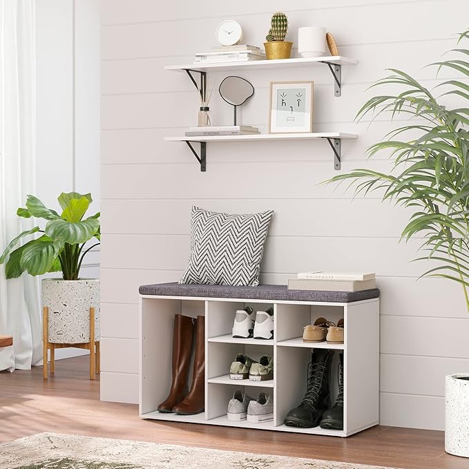 DINZI LVJ Shoe Storage Bench with Cushion, Cubby Shoe Rack with 9 Cubbies, Adjustable Shelves, Multifunctional Shoe Organizer Bench for Entryway, Mudroom, Hallway, Closet and Garage, White-NeatNest