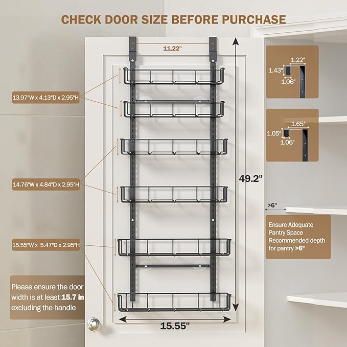 Delamu Adjustable Over the Door Pantry Organizer with Clear Acrylic Panel, 6-Tier Pantry Organization and Storage for Kitchen, Hanging Spice Rack Seasoning Shelves for Cabinet, Easy Install, Black-NeatNest