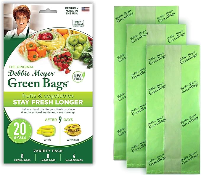 Debbie Meyer, GreenBags 20-Pack (8M, 8L, 4XL) | Reusable Storage Bags Keeps Fruit, Vegetables, Produce, Cut Flowers Fresh Longer, Kitchen & Fridge Preservation Solution, BPA Free, Made in the USA-NeatNest