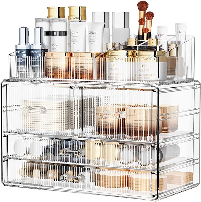 ZHIAI Stackable Storage Drawers, Acrylic Bathroom Counter Organizer Clear Makeup Organizers for Vanity, Kitchen Cabinets, Bathroom, Undersink, Home Organization and Storage (1 Top 4 Drawers D)-NeatNest