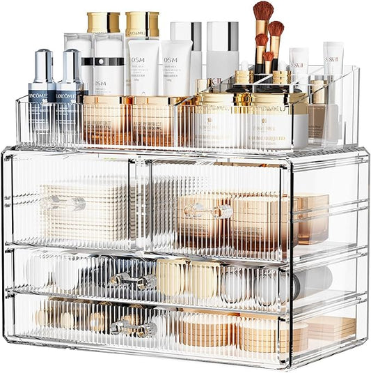 ZHIAI Stackable Storage Drawers, Acrylic Bathroom Counter Organizer Clear Makeup Organizers for Vanity, Kitchen Cabinets, Bathroom, Undersink, Home Organization and Storage (1 Top 4 Drawers D)-NeatNest