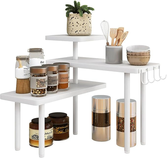 IBUYKE Countertop Organizer,3-Tier Spice Racks,Kitchen Counter Corner Shelf,4 Side Hooks,Adjustable Countertop Shelf for Kitchen, Bathroom, Coffee Bar, Cabinet, Desk,White,TLJ023W-NeatNest
