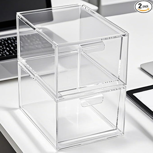 2 Pack Clear Stackable Makeup Organizer, Acrylic Bathroom Storage Drawers with Handles for Vanity, Kitchen Cabinets, Undersink, Pantry, Home Organization and Storage-NeatNest