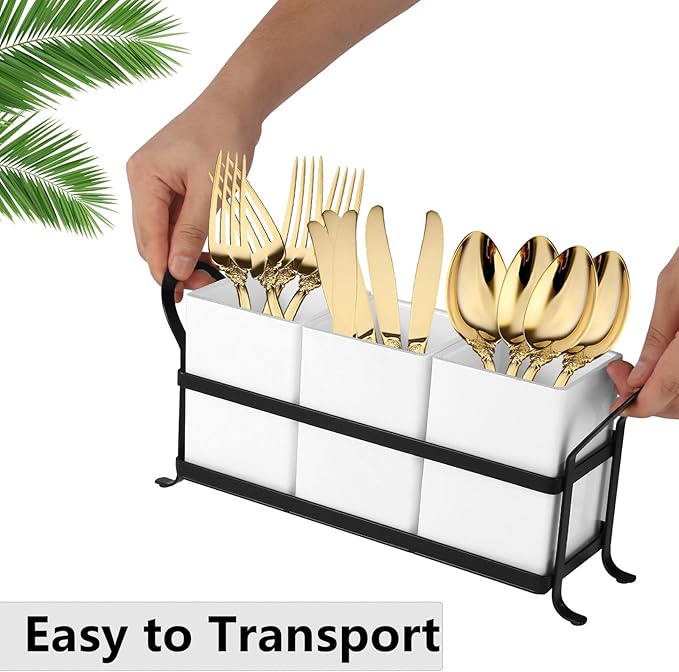 Cutlery Holder with Drain Holes, Silverware Caddy for Party Countertop, Resin Utensil Holders Silverware organizer for Spoon and Fork, White Black-NeatNest
