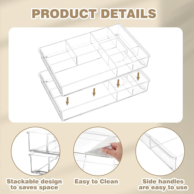 3 Pack Stackable Clear Drawer Organizer Trays 13.7" x 8.7" x 2" Plastic Acrylic Drawer Divider for Desk with 8 Compartments for Pens Paper Clips Sticky Notes Office Bathroom Arrangement