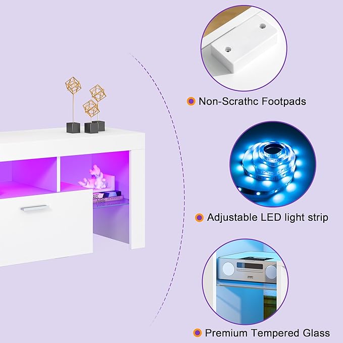 Clikuutory Modern Lighting 63 inch TV Stand with Large Storage Drawer for 50 55 60 65 70 75 Inch TVs, TV Console with 20 Color LED Lights, Entertainment Center Media and Open Shelf for Bedroom, White-NeatNest