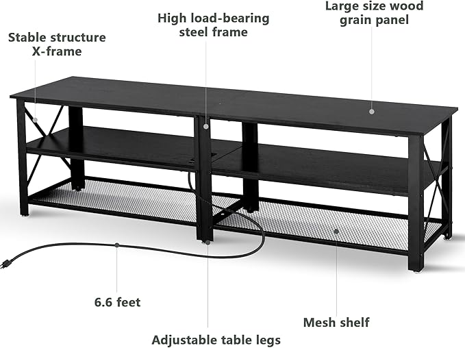 Clikuutory Modern Black 71 inch Metal TV Stand with LED Lights and Power Outlets for 50 60 65 70 75 80 Inch TVs, 3 Tier Television Stands with Entertainment Center and Storage for Living Room, Bedroom-NeatNest