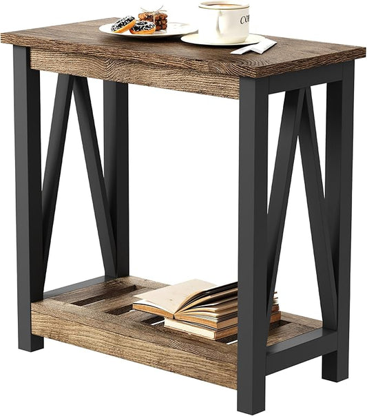 ChooChoo Farmhouse End Table, Narrow Side Table, Slim End Table with Storage Shelf for Small Spaces for Living Room, Bedroom Rustic Oak & Black-NeatNest