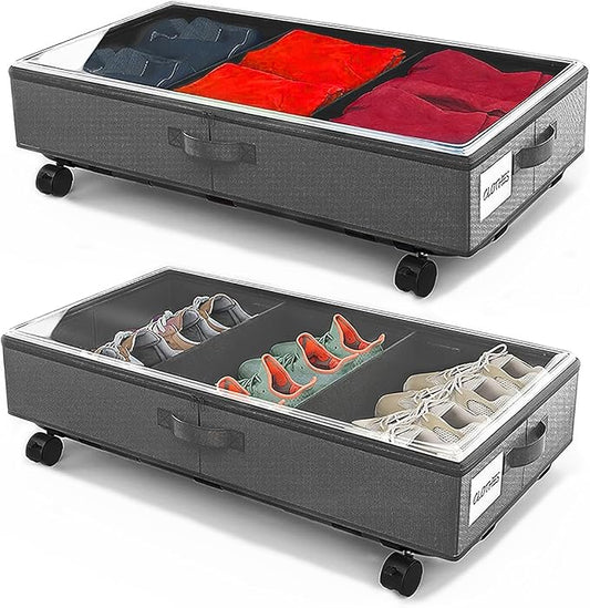 2 Pack Under Bed Storage Rolling Metal Frame Underbed Containers with Wheels Lid Visiable Window Storage Bag Box Organizer Home Closet Organization Drawer Bins for Clothes Shoes Toys Blanketss Grey-NeatNest