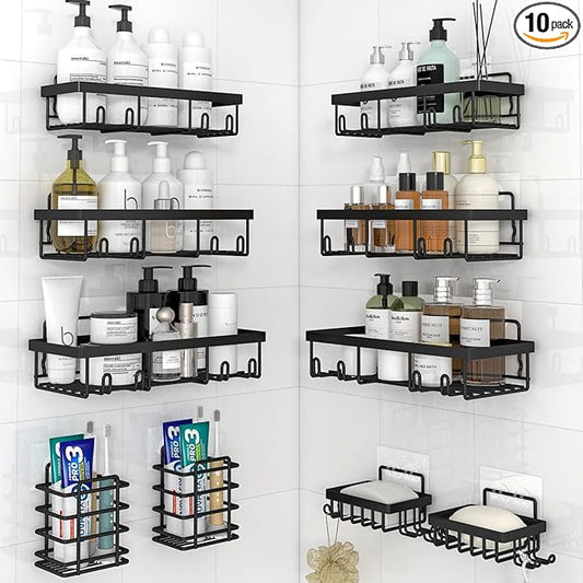 10 Pack Shower Caddy Organizer Rack Shelf for Inside Shower, Self Adhesive Wall Storage Basket Rustproof Stainless Steel Shampoo Holder Bathroom Accessory Decor Set, Black-NeatNest