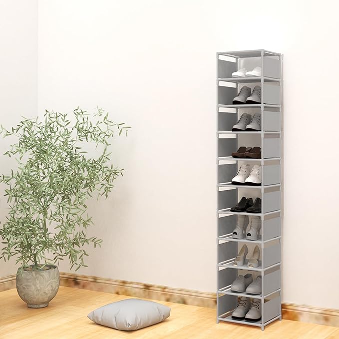 Vertical Shoe Rack, 10 Tier Grey Narrow Shoe Organizer for Closet Entryway, Tall Slim Shoe Tower for Small Spaces, Space Saving Corner Shoe Shelf-NeatNest