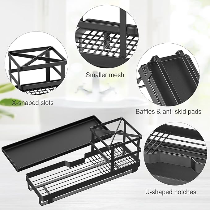 MYITYARD Toothbrush Holders for Bathrooms, Cotton Swabs & Cups Dispenser Set - Metal Electric Tooth Brushing & Toothpaste Countertop Organizer with Drainage for Shower, Sink - Black