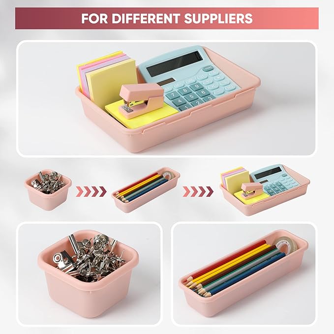 32 Pcs Desk Drawer Organizer Office Organization Tray Versatile Vanity Organizer with Nonslip Pads Makeup for Divider Drawer Storage Box Container for Kitchen Bedroom(Pink)