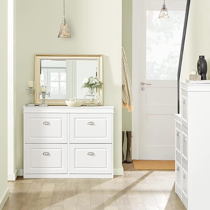 SoBuy White Shoe Cabinet with 4 Flip Drawers, Large Freestanding Shoe Rack, Modern Shoe Organizer for Entryway, Hallway, Entance FSR79-W-NeatNest