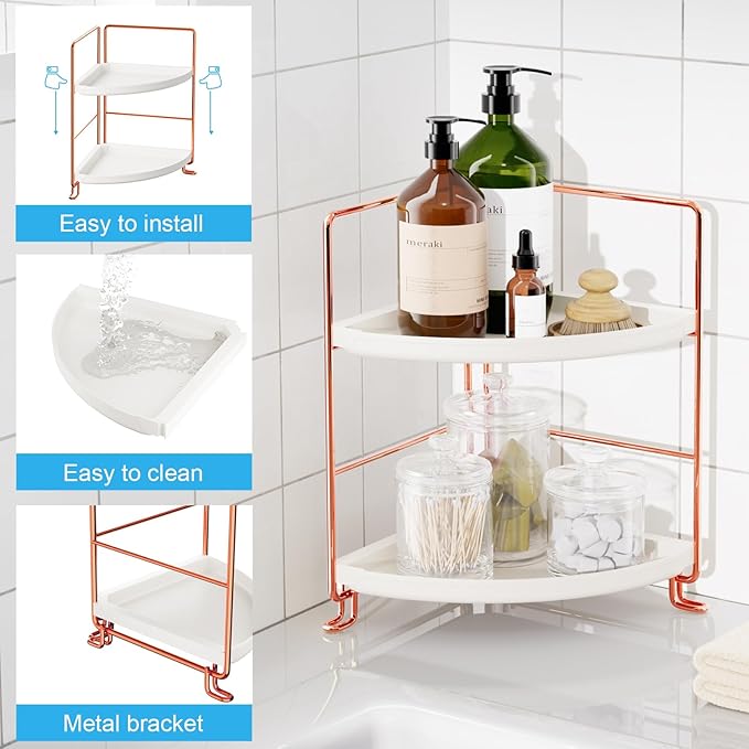 FSyueyun 2-Tier Corner Bathroom Counter Organizer, Tool-Less Installation Vanity Shelf Small Plastics Countertop Makeup Tray Skincare Perfume Organizers (Rose Gold)-NeatNest