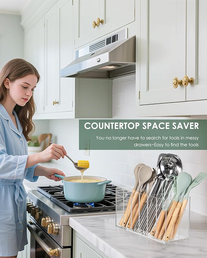 HAYVAN Clear Acrylic Utensil Holder for Kitchen Counter - Space-saving Organizer with 3 Adjustable Dividers - Easy to Use & Clean, Utensil Caddy for Kitchen Storage & Decor