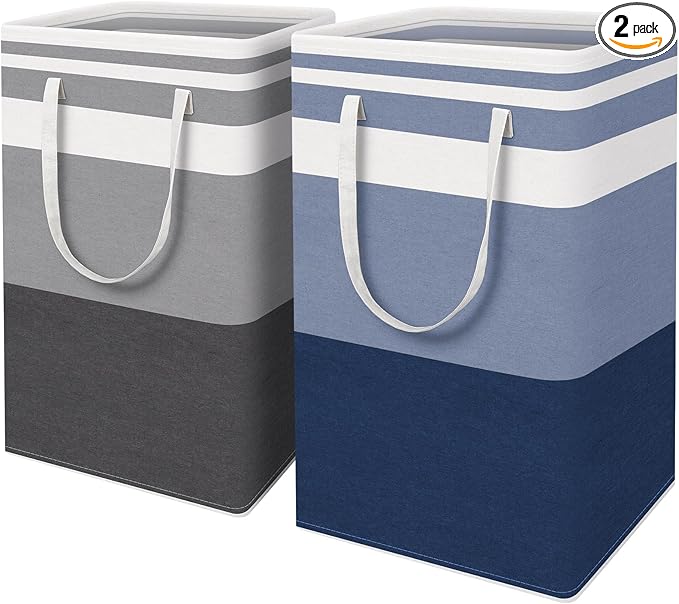 HomeHacks 2 Pack Large Laundry Baskets, Waterproof, Freestanding Laundry Hampers, Collapsible Clothes Hamper with Reinforced Handles in Laundry, College Dorm, Bathroom, Bedroom (Grey+Blue, 88Lx2)-NeatNest