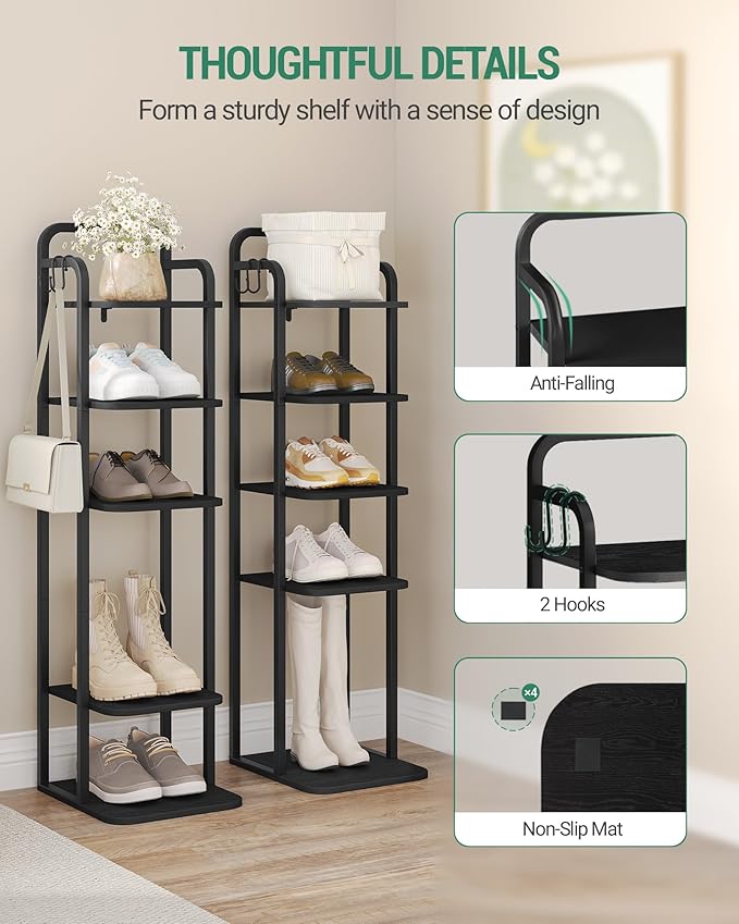 Vertical Shoe Rack, Shoe Shelves, Wood Shoe Organizer for Closet, Entryway, Shoe Tower for Small Spaces, Free Standing, Adjustable, with 2 Hooks, 6 Tier Black SR04204B-NeatNest