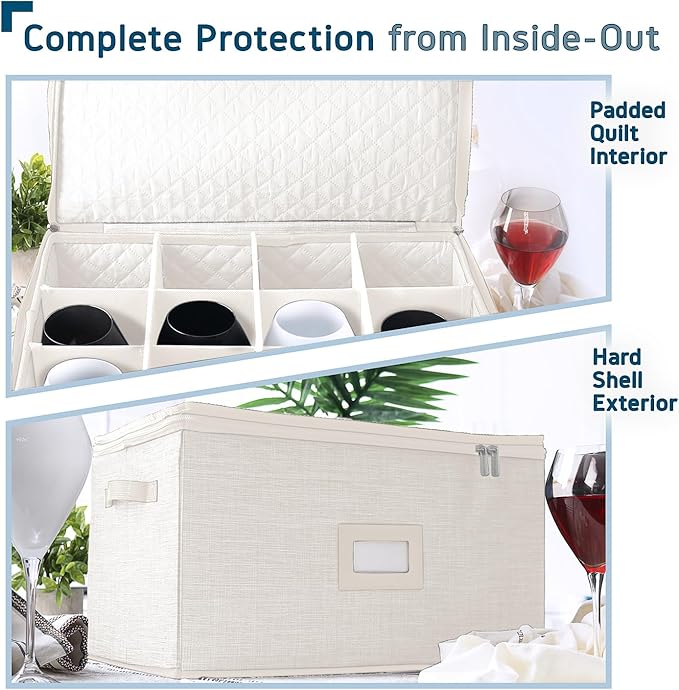 Hearth & Harbor Wine Glass Storage Box with Dividers, Quilted and Stackable Stemware Storage Cases, Service of 12 Glass China Container Hard Shell for Moving and Organization, Cream-NeatNest