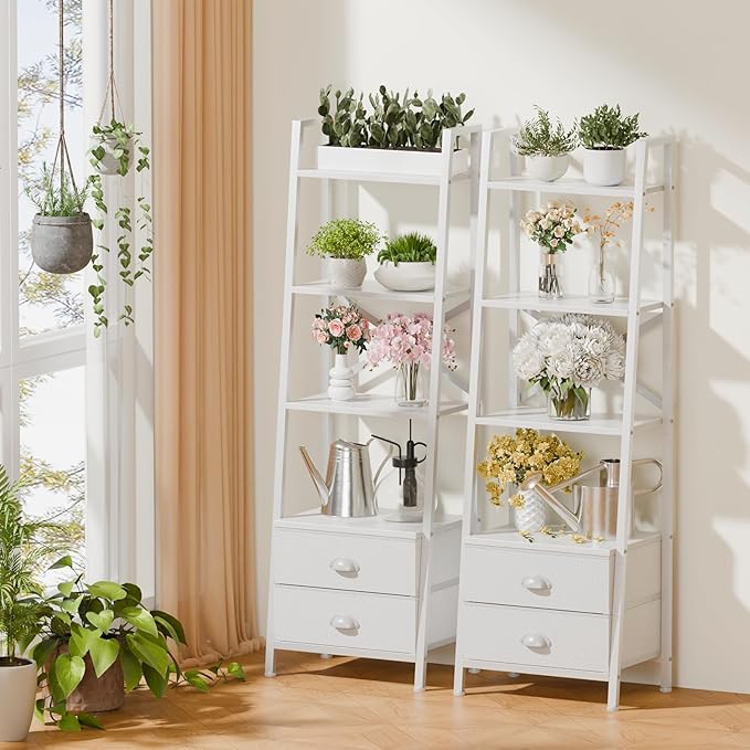 Furologee 4-Tier Ladder Shelf,Small Bookshelf with 2 Drawers,Vertical Bookcase Storage Rack Organizer,Rustic Bookshelves for Living Room,Bedroom,Bathroom,Home Office,Kitchen,White
