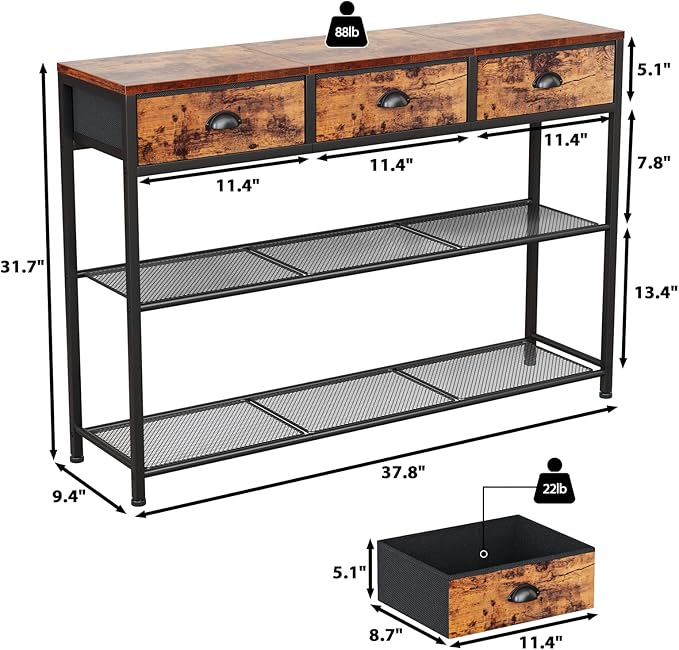 Furologee Entryway Table, 38'' Console Sofa Table with 3 Fabric Drawers, Industrial Entry Way Table with Storage Shelves, Display Shelf for Living Room, Hallway, Entrance, Foyer, Rustic Brown-NeatNest