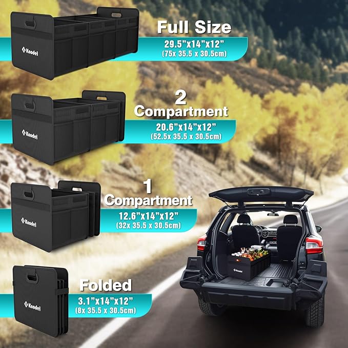 K KNODEL Car Trunk Organizer, Foldable Organizer for Car, Automotive Consoles & Organizers, 3 Compartments Storage with Reinforced Handles (Large, Black)-NeatNest