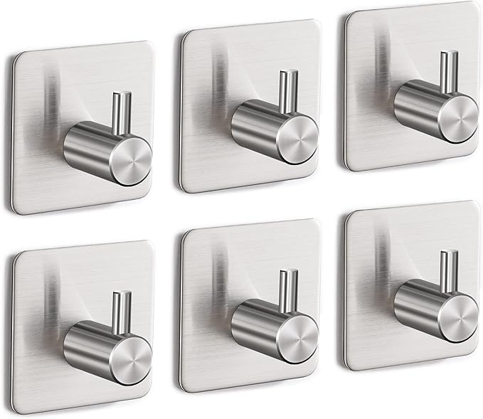6 Pack Silver Adhesive Stainless Steel Wall Hooks - Heavy Duty Waterproof Shower Hooks for Towel, Robe, Coat, Hat, Key, Clothes