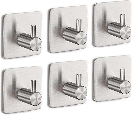 6 Pack Silver Adhesive Stainless Steel Wall Hooks - Heavy Duty Waterproof Shower Hooks for Towel, Robe, Coat, Hat, Key, Clothes