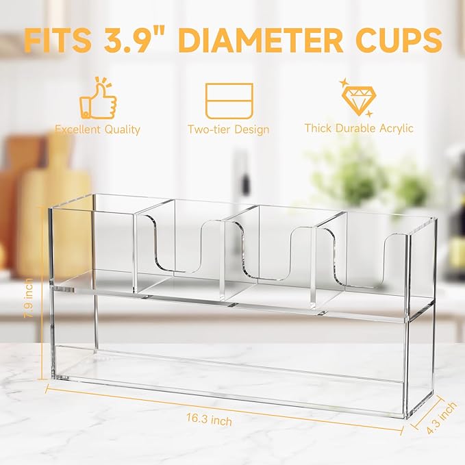 Coffee Condiment and Cup Organizer - 2-Tier Upright Cup and Lid Holder with Straw Organizer 5 Compartments Clear Acrylic Cup Dispenser for Restaurant Breakroom Coffee Station Countertop-NeatNest