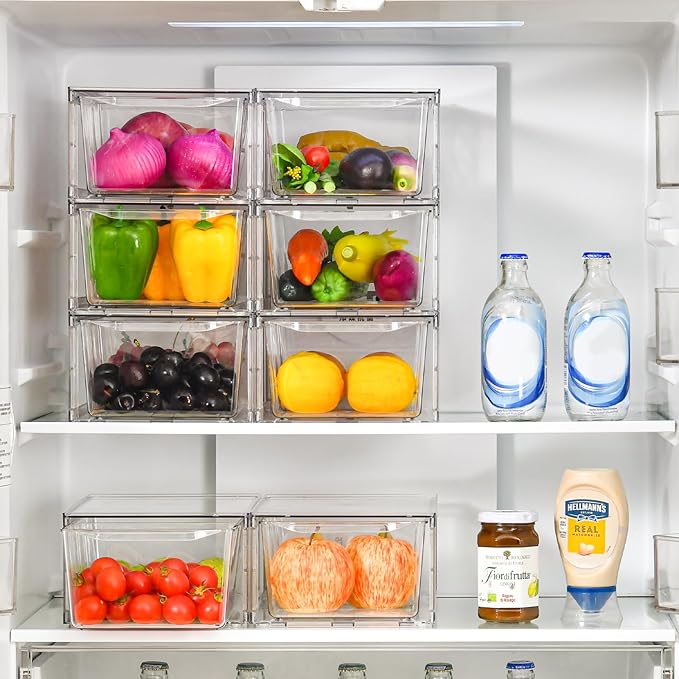 4Pack Clear Stackable Kitchen Storage Organizer,Pantry Organizers and Storage,Foods Organizer Bins with Handles, Easily Assemble for Bathroom, Kitchen, Refrigerator, Pantry, Cabinet, Closet-NeatNest