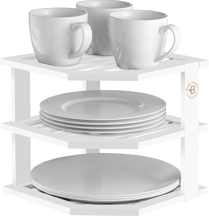 Cabinet Organizer Shelf - Bamboo Corner Rack for Kitchen Counter, Cabinet Space Saver for Plates, Dishes, Bowls, Bread Pantry, Bathroom Storage or Countertop Stand, White-NeatNest