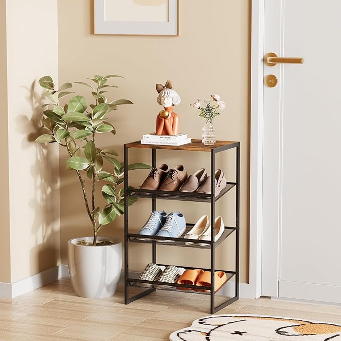 Garden 4 you 4 Tiers Narrow Shoe Rack,Small Space Freestanding Shoe Storage Organizer with Brown Wooden Tabletop,Adjustable Metal Shelf Stackable Shoe Shelf for Entryway Hallway Living Room Closet-NeatNest