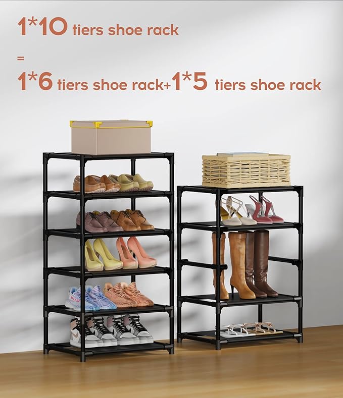 VTRIN Vertical Narrow Shoe Rack Organizer Tall Shoe Rack for Closet Entryway 10 Tier Non-Woven Cover Shoe Shelf Holds 20-22 Pairs Free Standing Shoe Storage Cabinet with Dustproof Cover, Black-NeatNest