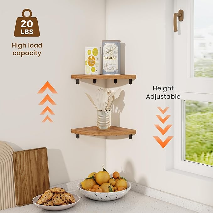 Fun Memories Corner Shelf Wall Mount, Solid Oak Wood Floating Corner Shelves with Cable Hole, 7in Rustic Design for Bedroom, Bathroom, Kitchen, Living Room (Natural, 1 Pack)-NeatNest