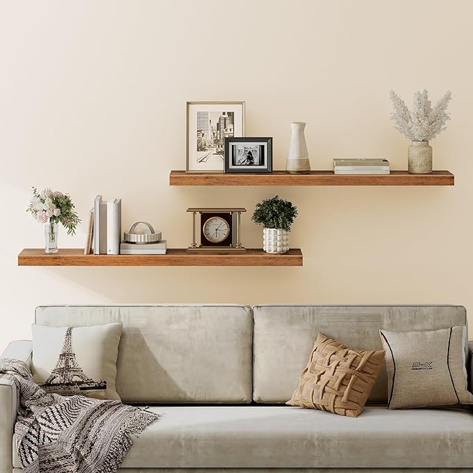 HOOBRO Floating Shelves for Wall, Wall Mounted Shelf Set of 2, 55" Hanging Shelf with Invisible Brackets, for Wall in Bathroom, Bedroom, Toilet, Kitchen, Living Room, Office, Rustic Brown BF140BJP201-NeatNest