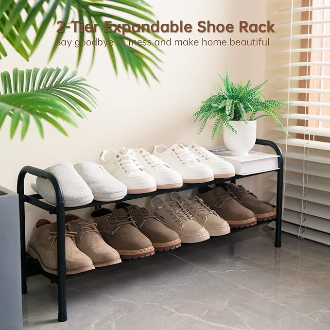 Gonfoam 2-Tier Expandable Shoe Rack,Adjustable Shoe Shelf Storage Organizer Heavy Duty Metal Free Standing Shoe Rack for Entryway Closet Doorway (Black)-NeatNest
