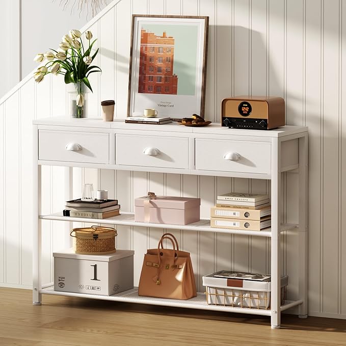 Furologee White Entryway Table, 38'' Console Sofa Table with 3 Fabric Drawers, Industrial Entry Way Table with Storage Shelves, Display Shelf for Living Room, Hallway, Entrance, Foyer-NeatNest