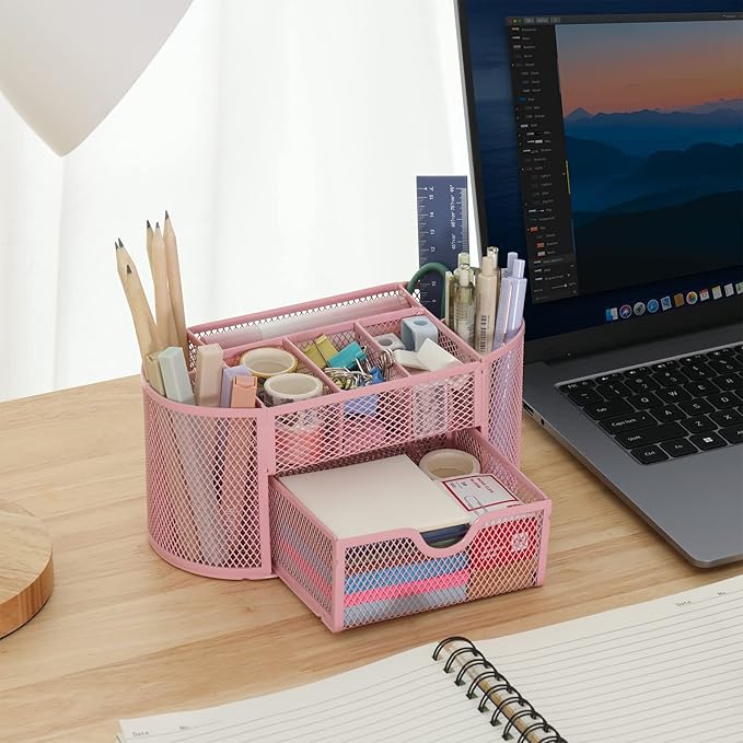 EOOUT Pink Desk Organizer, Pen Holder for Desk and Accessories, Mesh Desk Organizer with 8 Compartments and 1 Drawer for Office Home School Classroom-NeatNest