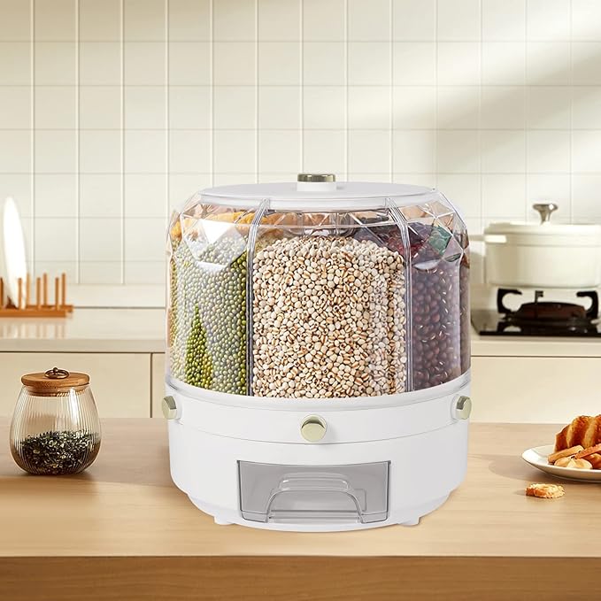 6-In-1Grain Dispenser, Rice & Grain Storage Container, Rotatable Sealed Grain Food Storage, One-Button Pressing Storage Bucket for Grains Snacks Candy Coffee Beans Dog Food Dispenser-NeatNest