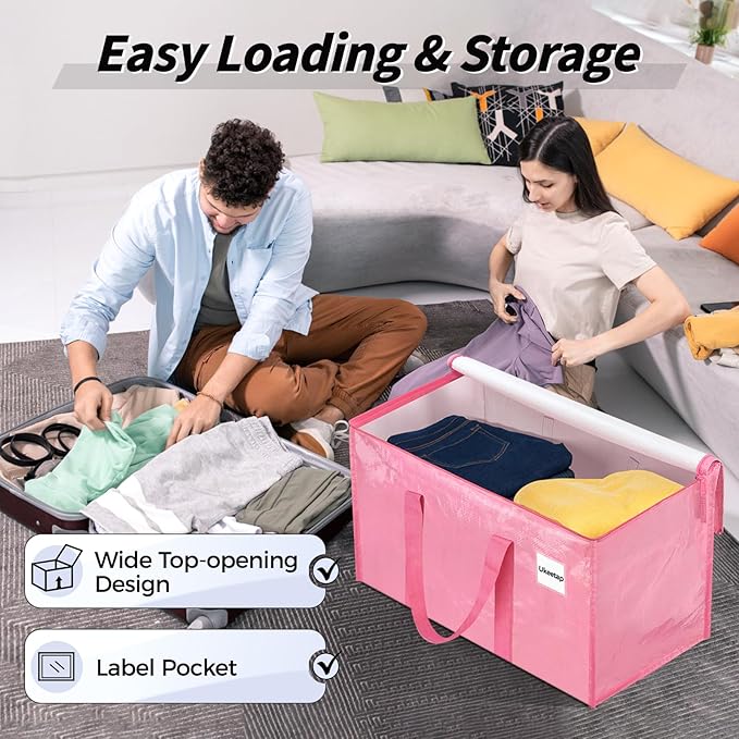 16 Pack Extra Large Heavy Duty Moving Bags, Pink Storage Bins with Lids, Reinforced Handles & Heavy-Duty Zippers Moving Boxes Storage Bags Totes for Clothes Packing, Dorms, College Supplies, Pink