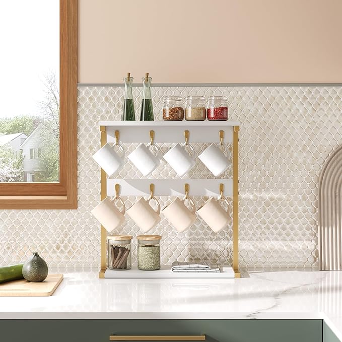 Coffee Mug Holder for Counter, 2 Tier Mug Tree Rack, with 8 Hook and 2 Open Shelves, Vintage Mug Holder Stand for Home Kitchen, White and Gold MH43DW-NeatNest