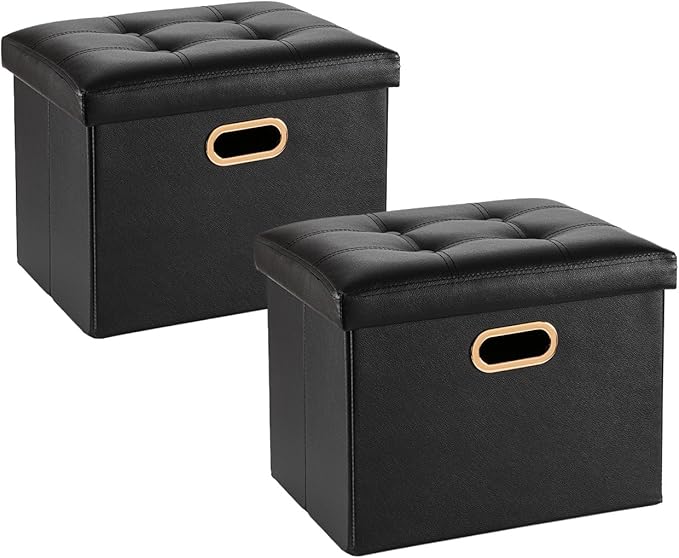 2 Pack Folding Storage Ottoman, 16 inch PU Leather Small Ottoman with Storage Foldable, Set of 2 Faux Leather Foot Stool Support 260lbs for Living Room, Bedroom, Hallway, Black