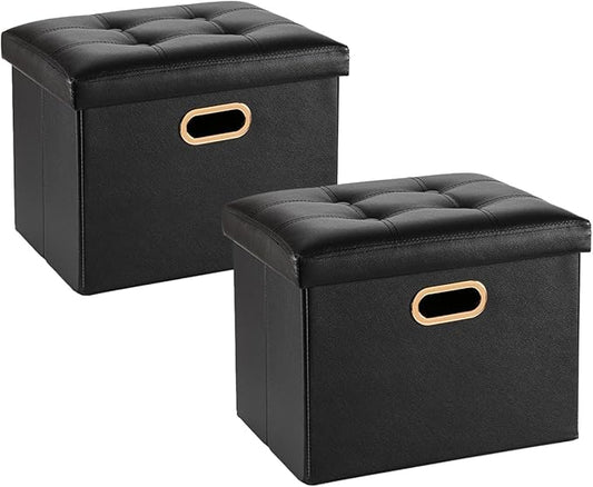2 Pack Folding Storage Ottoman, 16 inch PU Leather Small Ottoman with Storage Foldable, Set of 2 Faux Leather Foot Stool Support 260lbs for Living Room, Bedroom, Hallway, Black
