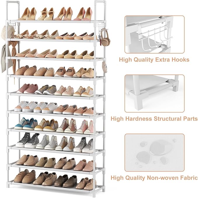 VTRIN 10 Tiers Shoe Rack Tall Large Capacity 50 Pairs Wide Shoe Organizer Sturdy Shoe Shelf for Entryway with Two Hooks Metal Shoe Storage for Closet, Bedroom, White, XJ-113-NeatNest