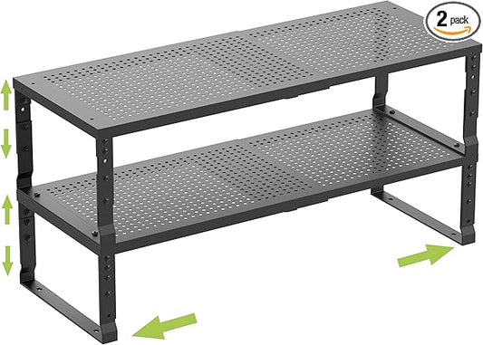 Expandable Cabinet Shelf Organizer Storage Spice Rack Shelves for Kitchen Stackable Adjustable Pantry Cupboard Bathroom Countertop Desktop(2Packs/Black/Medium-with Hole)-NeatNest