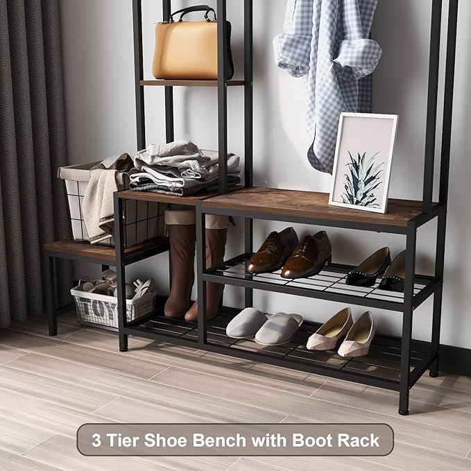 Hall Tree with Shoe Storage Bench Coat Rack with 7 Hooks Interchangeable 4 Tier Side Storage Shelves Small Cute Side Bench Industrial 5-in-1 Entryway Coat Rack for Hallway Mudroom Bedroom