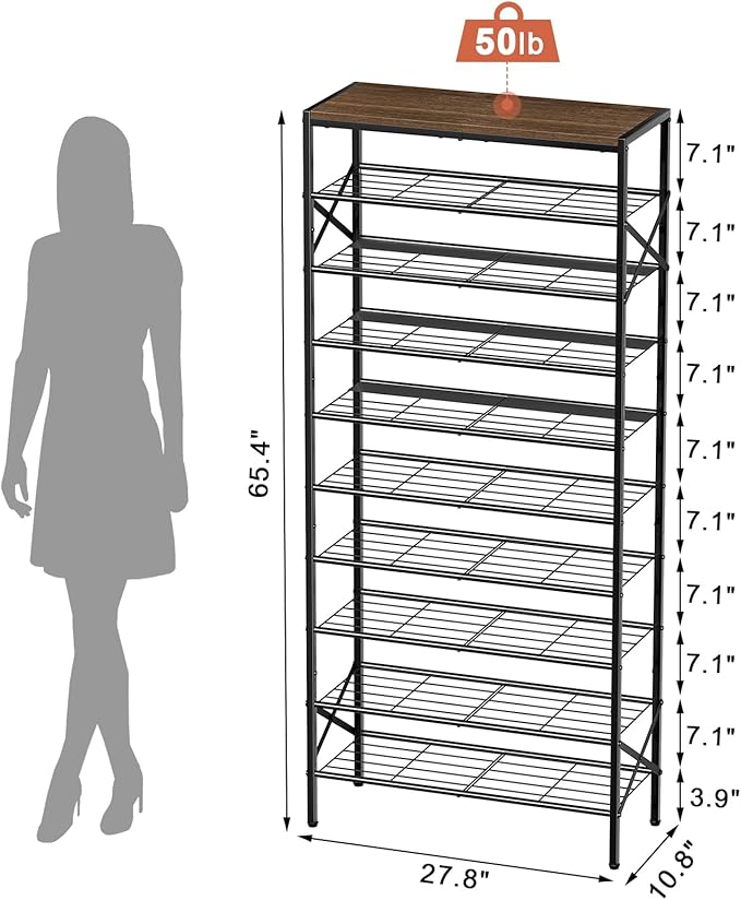 10-Tier Tall Shoe Rack Organizer Shoe Storage for Entryway 30-40 Pairs Metal Shoe Rack for Closet Heavy-Duty Shoe Rack with Wooden Top Shelf for Garage Rustic Brown-NeatNest